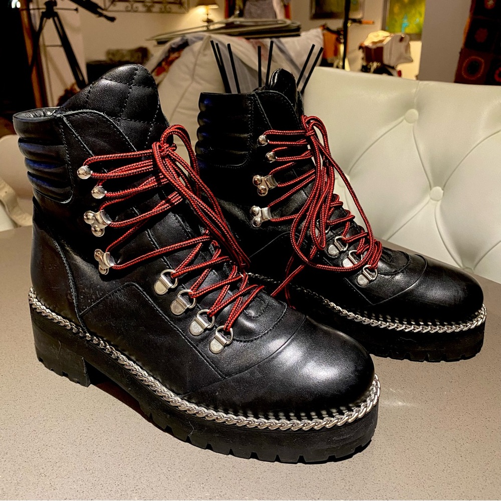 The Kooples Black Leather Combat Boots with Red Laces